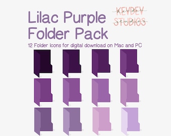 May include: A set of 12 digital folder icons in shades of purple and lilac. The icons are designed for use on Mac and PC computers. The text "KEVDEV STUDIOS" is in the upper right corner of the image.