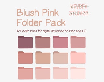 May include: A set of 12 blush pink folder icons for digital download on Mac and PC. The icons are arranged in three rows of four, with each row showing a slightly different shade of pink.