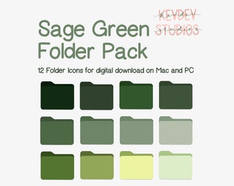 May include: A set of 12 sage green folder icons for digital download on Mac and PC. The icons are arranged in three rows of four, with each row featuring a slightly different shade of green.