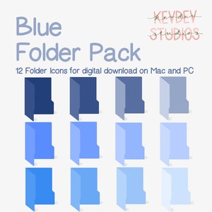 Op de afbeelding: Een set van 12 blauwe map-pictogrammen om digitaal te downloaden op Mac en PC. De pictogrammen zijn in verschillende tinten blauw, van donkerblauw tot lichtblauw. De tekst "Blue Folder Pack" en "KEVDEV STUDIOS" staat bovenaan de afbeelding.