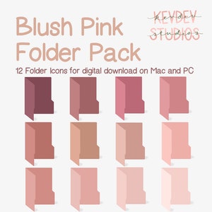 Op de afbeelding: Een verzameling van 12 blush roze map-iconen voor digitale download op Mac en PC. De mappen zijn in verschillende roze tinten, van diep roze tot licht perzik. De tekst "Blush Pink Folder Pack" wordt weergegeven.