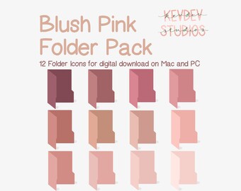 May include: A collection of 12 blush pink folder icons for digital download on Mac and PC. The folders are in various shades of pink, from deep rose to light peach. The text "Blush Pink Folder Pack" is displayed above the folders.