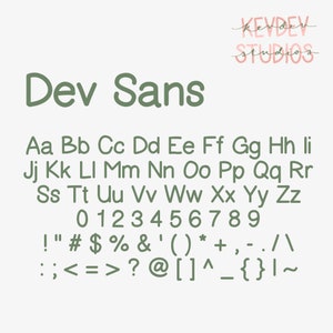 May include: A green font chart with the title "Dev Sans" and the alphabet in uppercase and lowercase letters, numbers 0-9, and punctuation marks.
