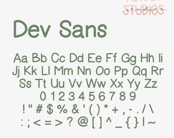 May include: A green font chart with the title "Dev Sans" and the alphabet in uppercase and lowercase letters, numbers 0-9, and punctuation marks.