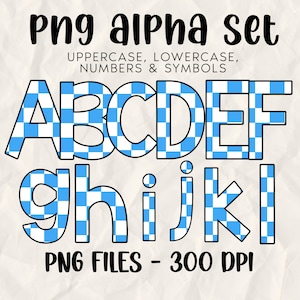 BLUE Checker Alphabet Bundle PNG, upper & lowercase, Alpha Doodle letters, Retro Checkered Letter PNG, Bright Alpha, Marquee bulletin