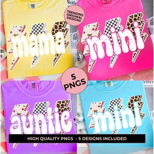 Blitz Mama PNG Bundle, niedliches kariertes Leopard Kirsche Sublimationsdesign, trendiges Retro Mama Auntie Mini Nana Shirt PNG, trendiges png