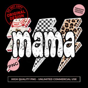 Lightning Bolt Mama PNG, trendiges Leopard Checker Cherry druckbares Mama-Leben-Shirt-Design, niedliche Retro-Sublimationsgrafik für Mamas 1