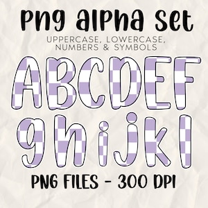 PURPLE Checker Alphabet Bundle PNG, upper & lowercase, Alpha Doodle letters, Retro Checkered Letter PNG, Bright Alpha, Marquee bulletin