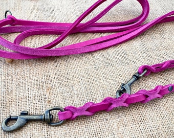 Grease leather dog leash braided 3-way adjustable pink 2.70 m