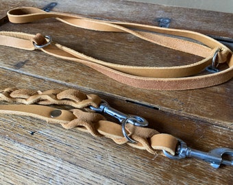 Dog leash, oiled leather, 3-way adjustable, braided