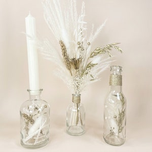 Set of 3 table decorations bouquet vase with dried flowers candle white gold series "Victoria"