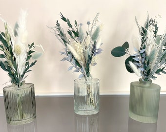 Trockenblumen Strauß Set Tischdeko Vase Eukalyptus grün blau aqua, Serie "Jessy" Lagurus, Pampasgras, Hochzeit Geburtstag Blumenstrauß Tisch