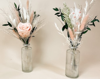 Dried flowers bouquet preserved rose set vase, lagurus, pampas grass, rosé, eucalyptus, nude, salmon, apricot table decoration wedding birthday