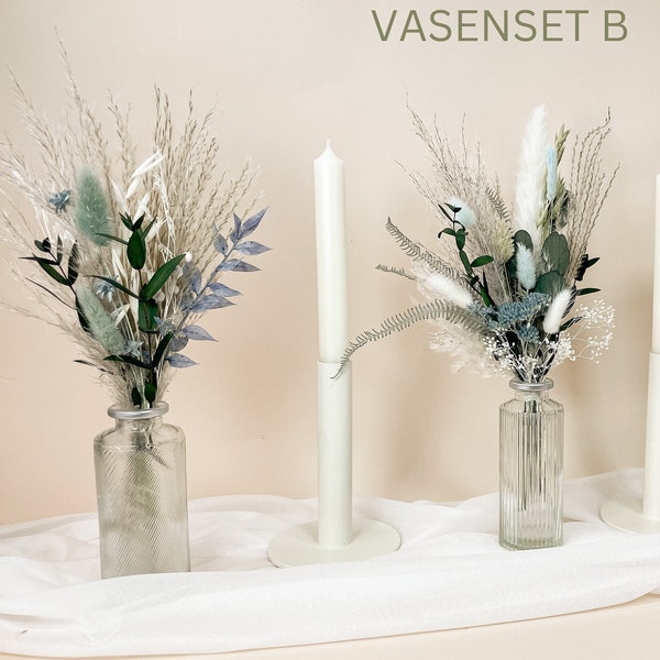 Trockenblumen Strauß Set Vase Eukalyptus grün blau aqua, Lagurus, Pampasgras, Tischdeko Hochzeit Geburtstag Blumenstrauß Tisch