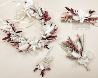 Pin hair comb hair wreath bracelet wedding dried flowers bride groom best man wine red, series "Emma"