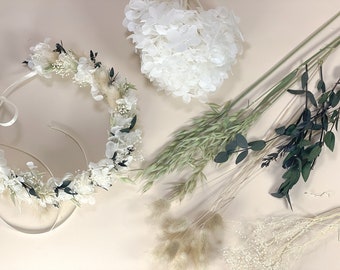 DIY wreath JGA hen party wedding dried flowers hair wreath headdress headband flower wreath white eucalyptus green hydrangeas