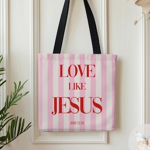 Love Like Jesus Tote Bag | Pink Striped Christian Gift for Women | Bible Verse Preppy Bag | Personalized Scripture Faith Gift