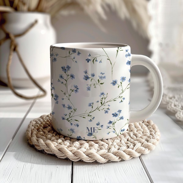 Personalized Blue Floral Mug, Custom Name Forget Me Not Flower Cup, Aesthetic Pink Handle Ceramic Mug, Gift for Her Mom, Mothers Day Gift