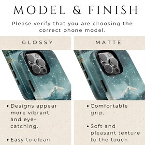 May include: Image showing two phone cases with a landscape design. One case has a glossy finish, and the other has a matte finish. Text at the top reads "MODEL & FINISH". The text below says "Please verify that you are choosing the correct phone model."