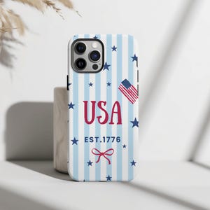 USA Est 1776 Phone Case, Red Coquette Bow Patriotic Casing, Vintage Americana Blue Stripes Cover, iPhone 17 Samsung S26 Google Pixel 9