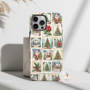 Christmas Phone Case | Vintage Holiday Stamp Pattern | Santa Holly Festive Cover | iPhone 17 16 15 Pro Max | Samsung S25 S24 Christmas Gift