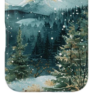 Phone case with watercolor snowy mountain forest scene at night in teal and green tones, aesthetic winter holiday gift for her