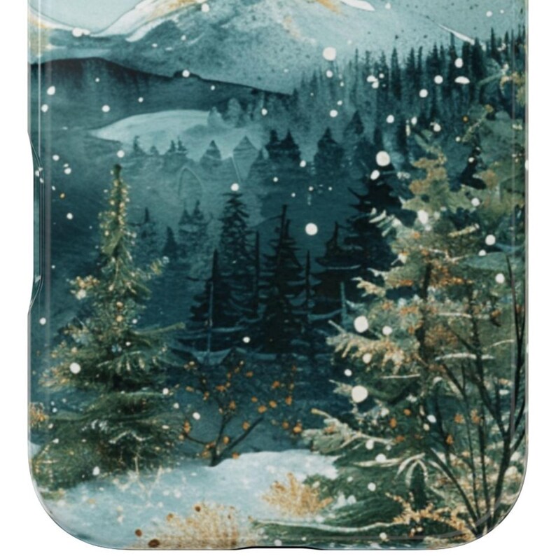 Phone case with watercolor snowy mountain forest scene at night in teal and green tones, aesthetic winter holiday gift for her