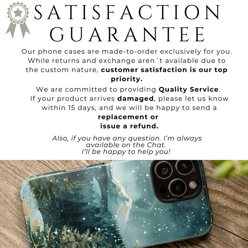 May include: A phone case with a nature-themed design featuring a forest and a starry sky. The case is teal and blue, with a glossy finish. The text "SATISFACTION GUARANTEE" is at the top.