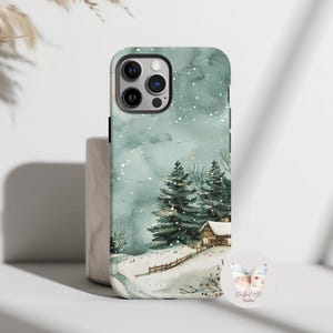 Watercolor Christmas Village Phone Case, Snowy Cabin MagSafe Tough Cover, Winter Forest Landscape iPhone 17 Pro 16 15 Samsung Galaxy S26