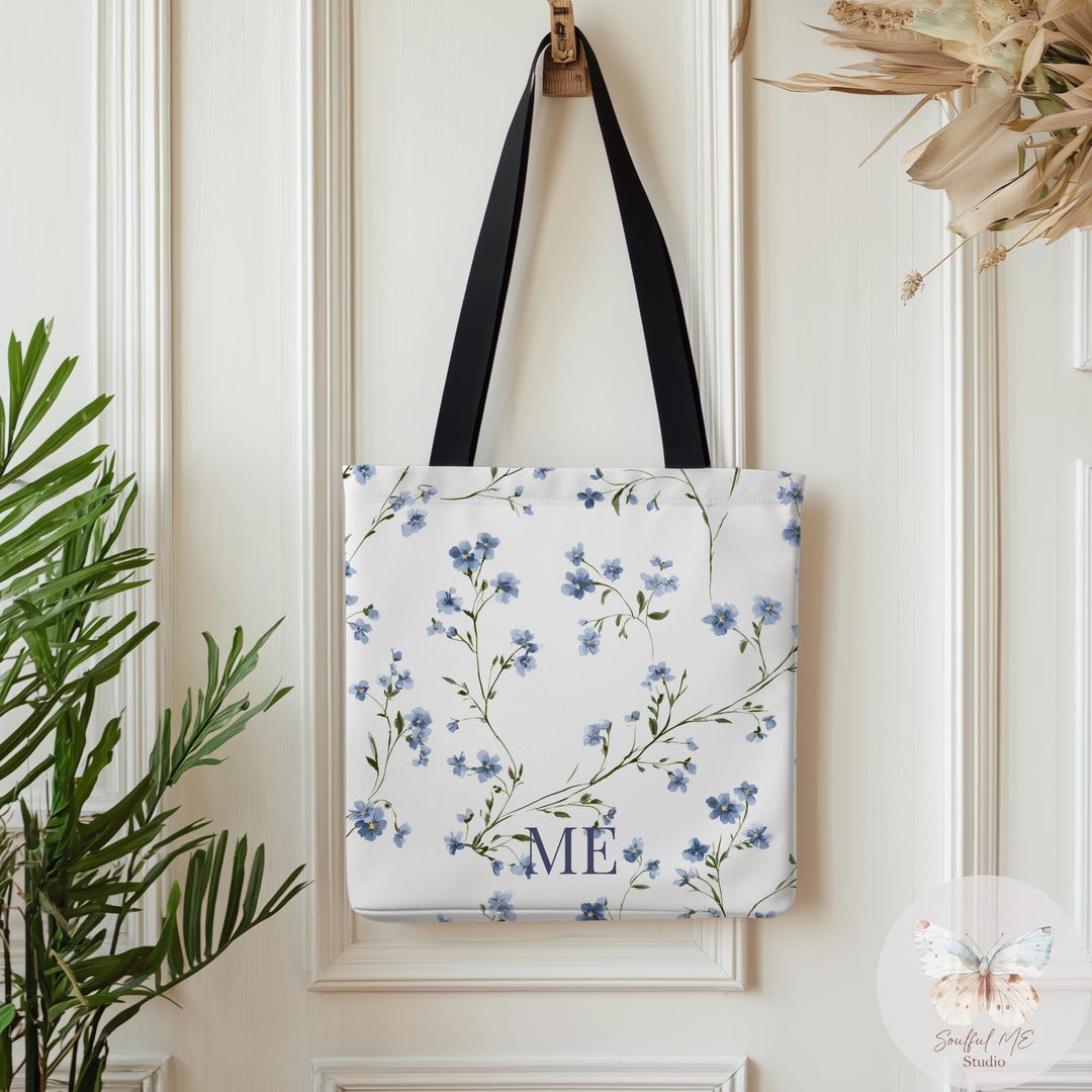 Bridesmaid Tote Bag Personalized, Monogram Forget Me Not Floral Bag ...