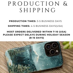 May include: A smartphone case with a nature-themed design featuring a forest scene in shades of teal and white. The case has a glossy finish and a camera lens cutout. The text "PRODUCTION & SHIPPING" is at the top.