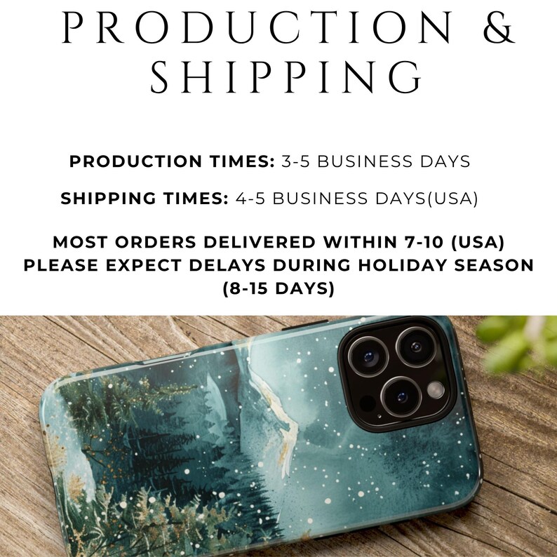 May include: A smartphone case with a nature-themed design featuring a forest scene in shades of teal and white. The case has a glossy finish and a camera lens cutout. The text "PRODUCTION & SHIPPING" is at the top.