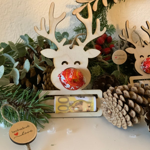 Personalisierte Rentier Elch  Geldgeschenk Weihnachtskugeln Baumschmuck mit Schokolade
