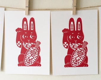 Money Bunny/Lino Print A5/Year of the Rabbit/Handmade/Hand-printed