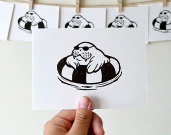 Chilling Walrus/ Mini Lino Print A6/ Linocut/ Handmade/ Freya The Walrus