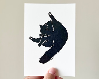 Grooming Cat/Mini Lino Print A6/Handmade/Cat Print/Cat Lover