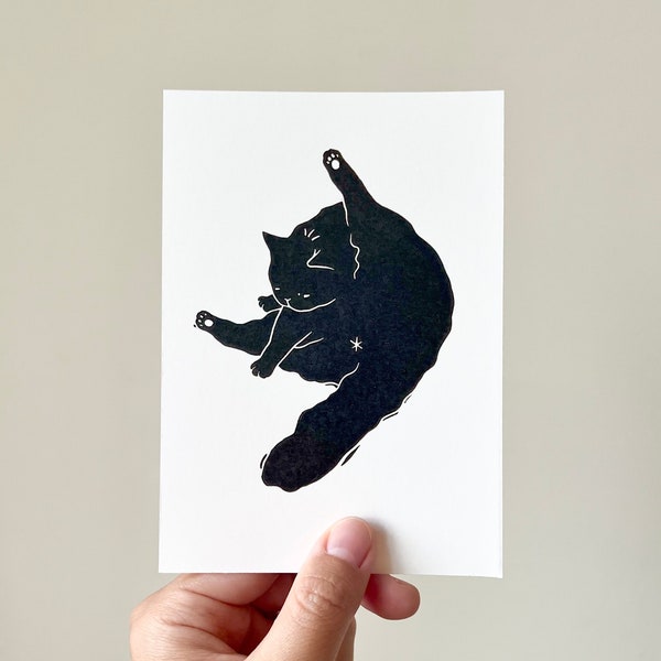 Grooming Cat/Mini Lino Print A6/Handmade/Cat Print/Cat Lover