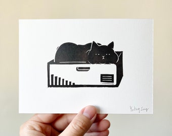 Boxed Cat/Mini Lino Print A6/Handmade/Cat Print/Cat Lover