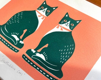Staffordshire Cats/Lino Print/A4/Handmade/Hand-printed/Antique Ceramic Cats Print/Cat Print/Cat Art