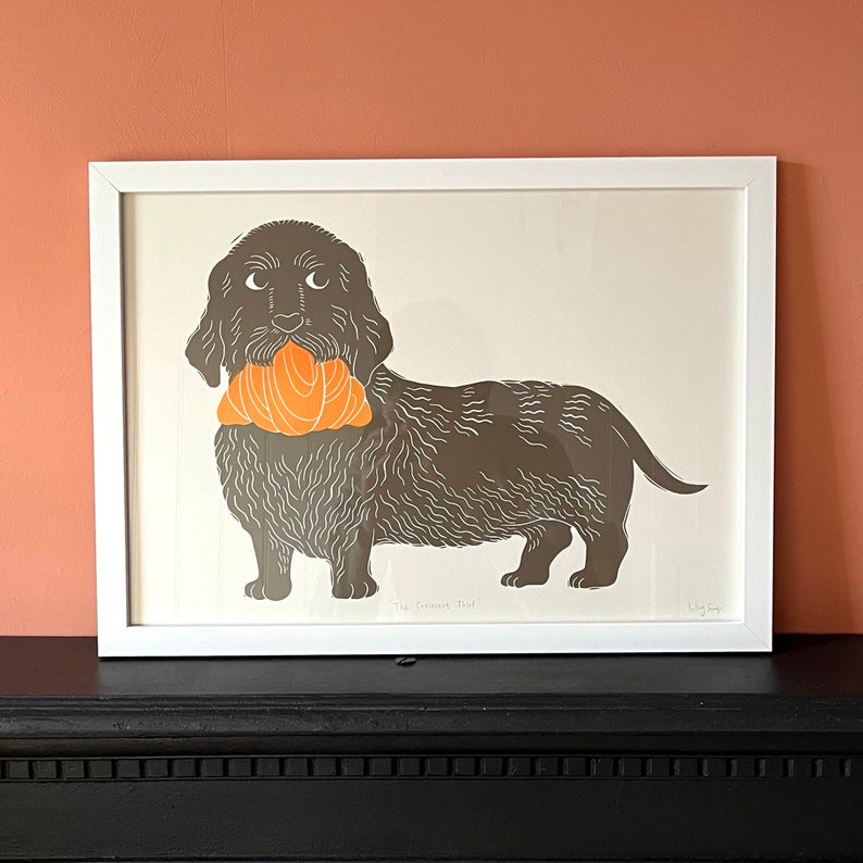 The Croissant Thief/A3 Lino Print/Handmade/Dog Print/Dog Lover image 1