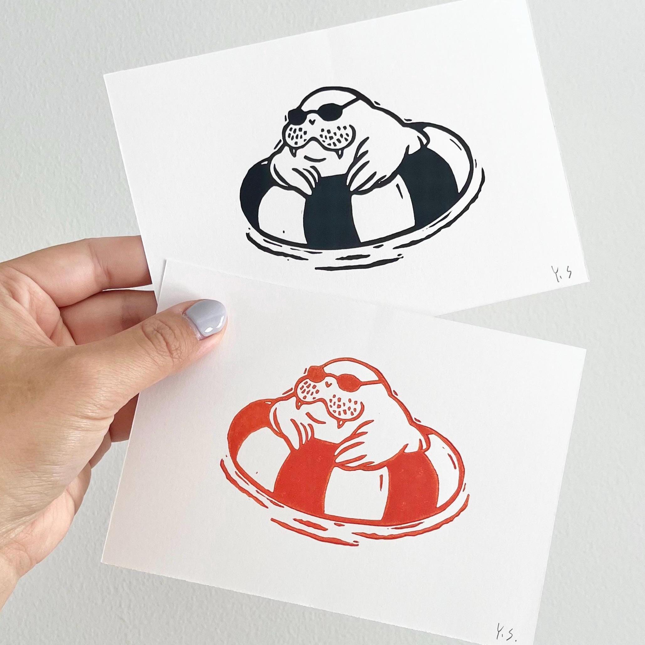 Chilling Walrus/ Mini Lino Print A6/ Linocut/ Handmade/ Freya The Walrus