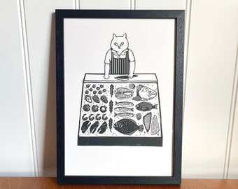 The Fishmonger/Lino Print/A4/Cats With Jobs/Cat Print/Cat Lover
