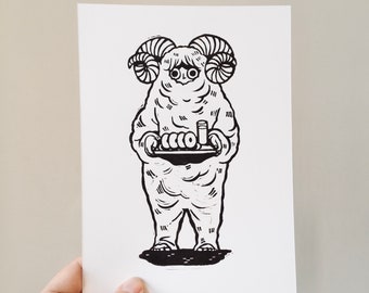 Sheep Man/Lino Print/A5/Haruki Murakami/Handmade/Hand-printed