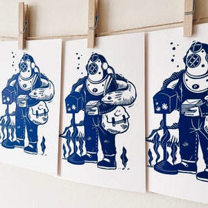Undersea Postman/Eel/Lino Print/A5/Handmade/Hand-printed image 1