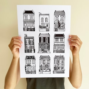Victorian Houses/A3/Art Print/Poster/Housefronts/Black and White/Wall Decor/Linocut