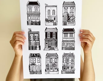 Leyton Houses/A3/Art Print/Poster/Housefronts/Black and White/Wall Decor/Linocut