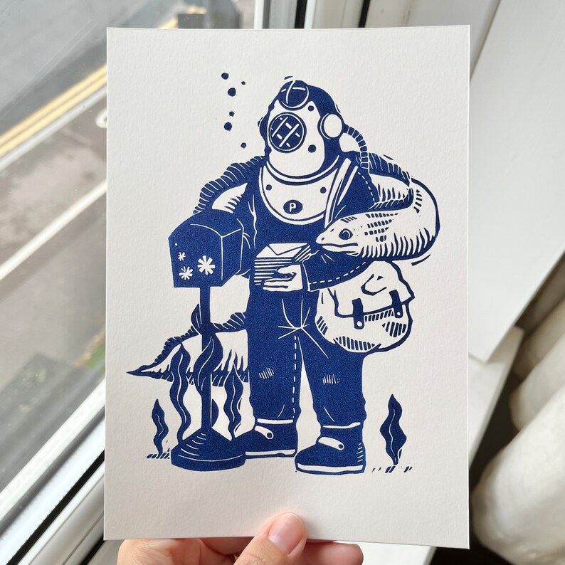 Undersea Postman/Eel/Lino Print/A5/Handmade/Hand-printed image 4