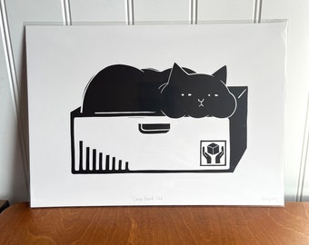 Large Boxed Cat/A3 Lino Print/Handmade/Cat Print/Cat Lover