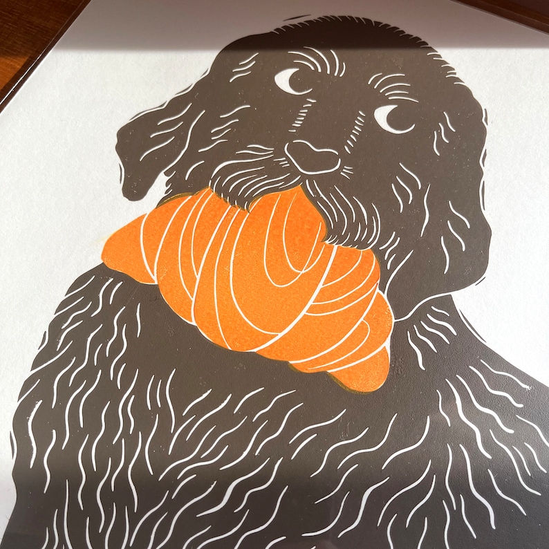 The Croissant Thief/A3 Lino Print/Handmade/Dog Print/Dog Lover image 3