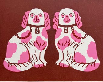 Staffordshire Dogs/Lino Print/A4/Handmade/Hand-printed/Fireplace Dogs/Antique Ceramic Dogs Print